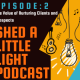 Square box with drawing of hanging light bulbs and text: Shed A Little Light Podcast-Episode 2