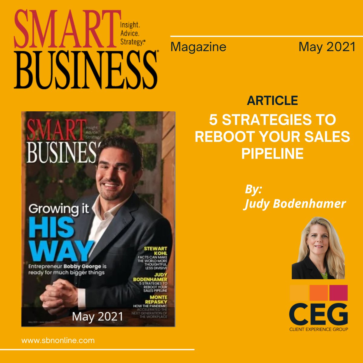 Cover picture of the Smart Business Magazine on the left overlaid on a yellow-gold background. On the bottom right corner is a picture of Judy Bodenhamer (author).
