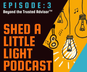 Square box with drawing of hanging light bulbs and text: Shed A Little Light Podcast-Episode 3