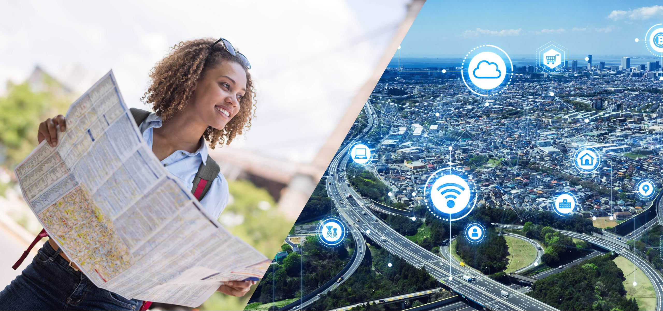 A woman holding a map and looking at a view overlooking a city landscape.thinking Business Development and Customer Experience.