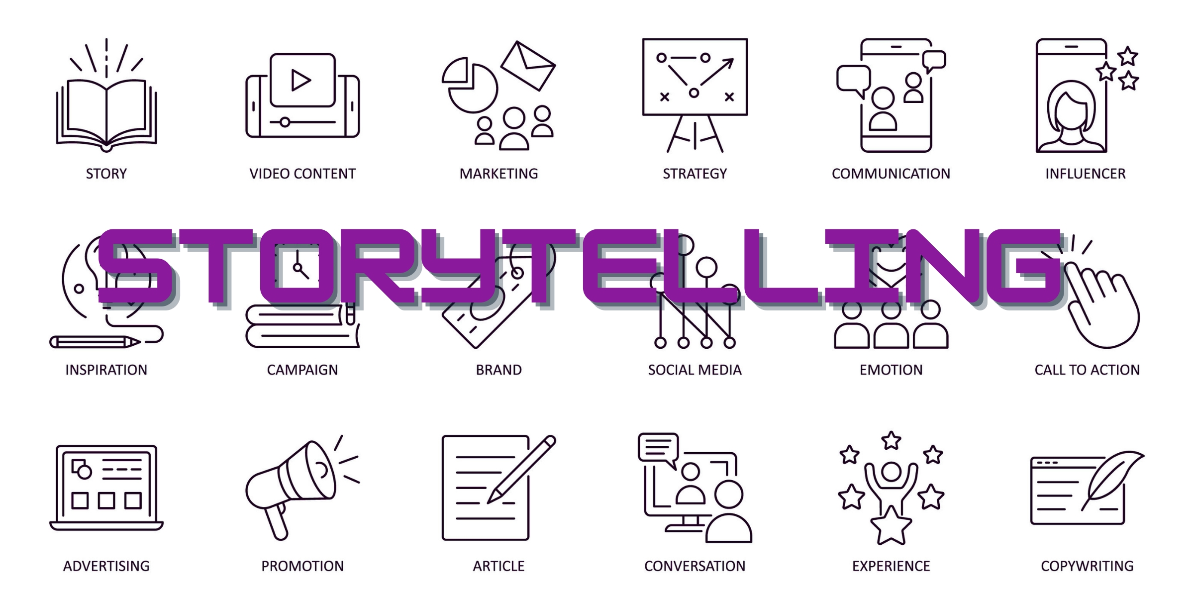 Mktg Slider2-2400 x 1200-0pt Marketing icons such as: storytelling, video content, strategy, social media...etc.