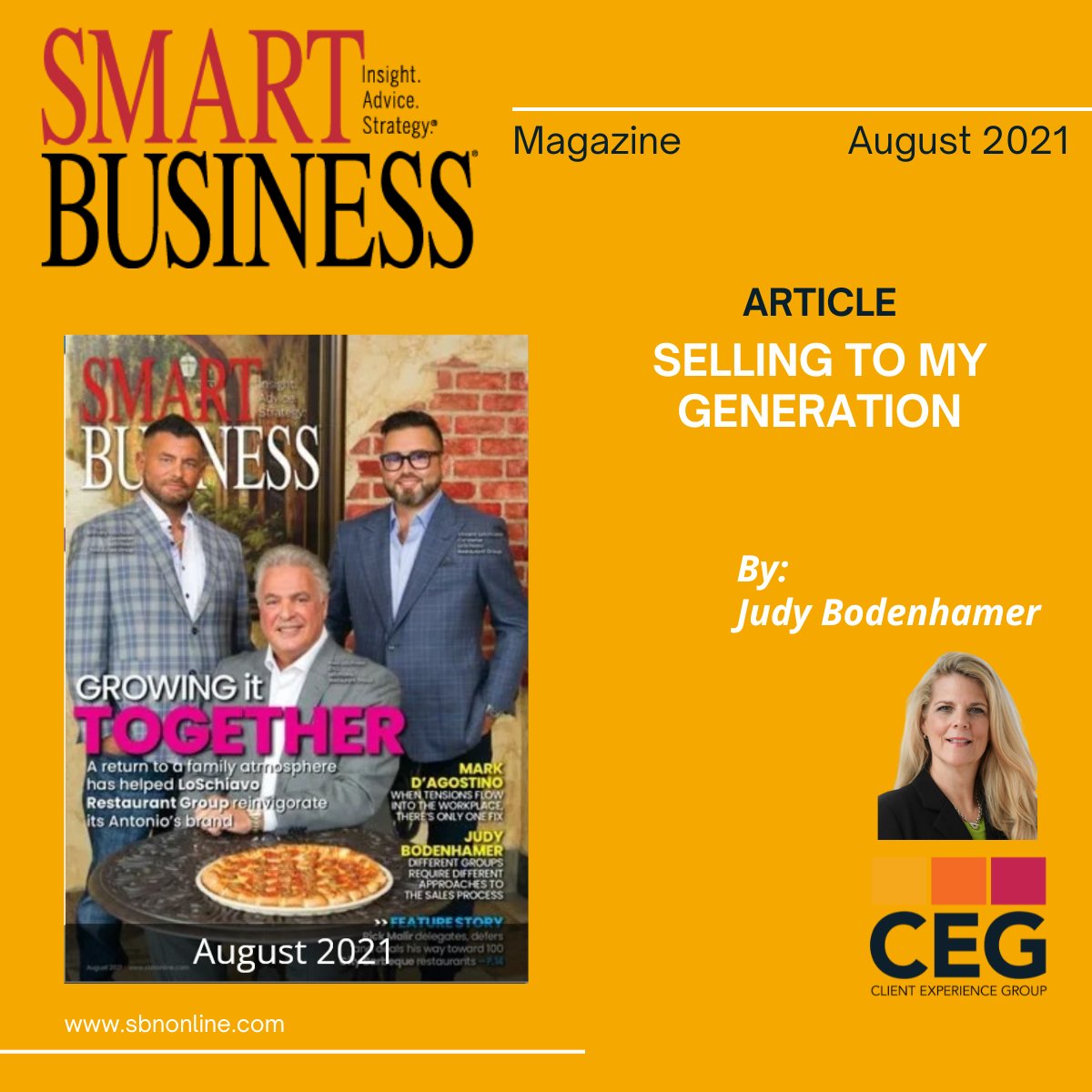 Cover picture of the Smart Business Magazine on the left overlaid on a yellow-gold background. On the bottom right corner is a picture of Judy Bodenhamer (author).