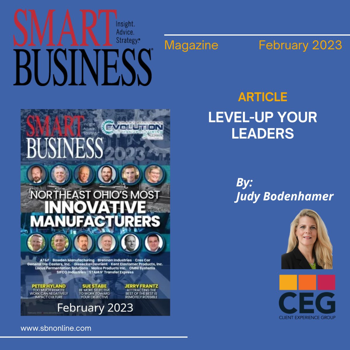 Cover picture of the Smart Business Magazine on the left overlaid on a dark blue background. On the bottom right corner is a picture of Judy Bodenhamer (author).