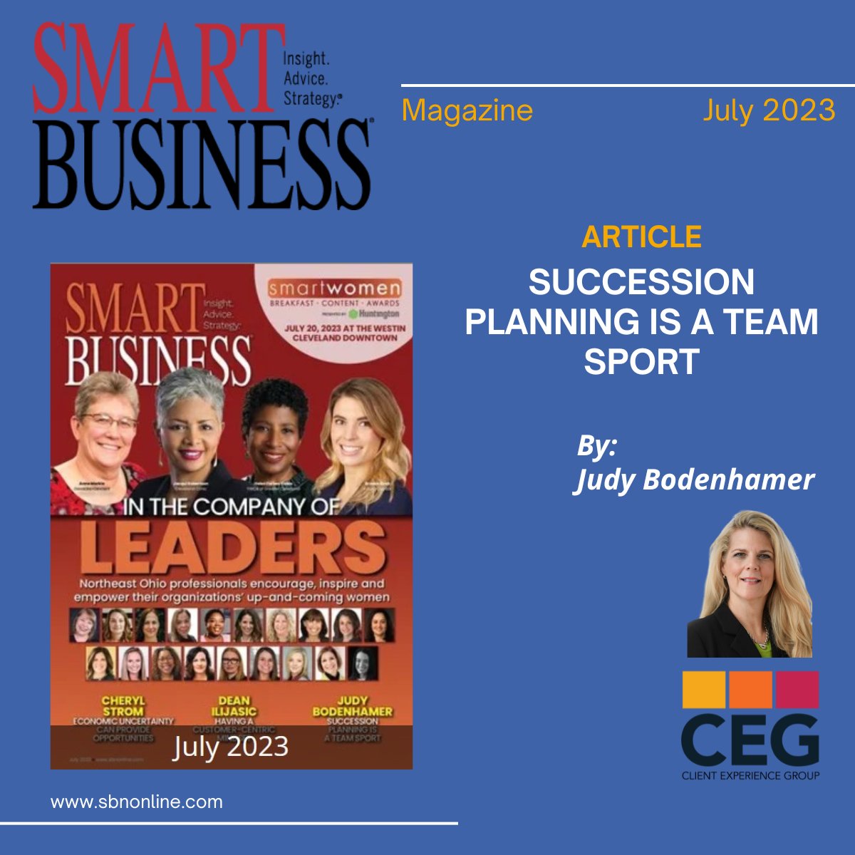 Cover picture of the Smart Business Magazine on the left overlaid on a dark blue background. On the bottom right corner is a picture of Judy Bodenhamer (author).