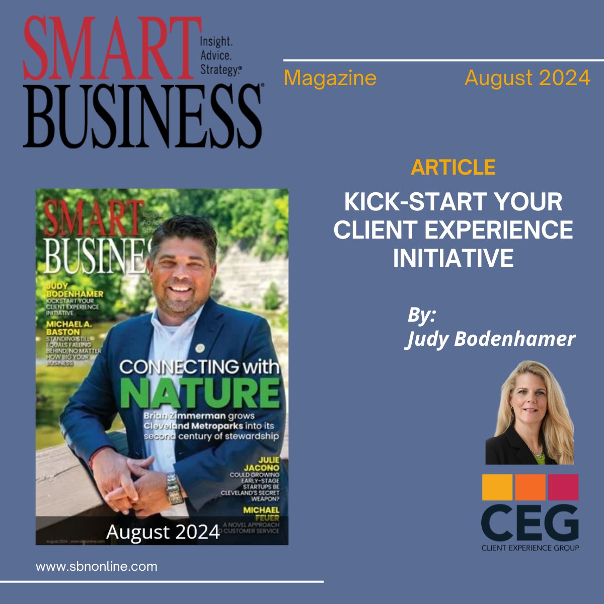 Cover picture of the Smart Business Magazine on the left overlaid on a dark gray-background. On the bottom right corner is a picture of Judy Bodenhamer (author).