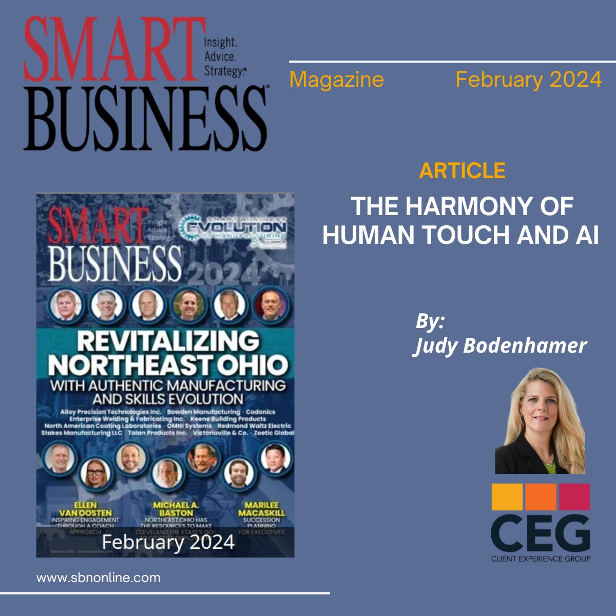 Cover picture of the Smart Business Magazine on the left overlaid on a dark gray background. On the bottom right corner is a picture of Judy Bodenhamer (author).