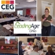 Picture collage of the workshop with participants sitting around a table, individual winner, class art designs and the logos of CEG and LeadingAge Ohio.