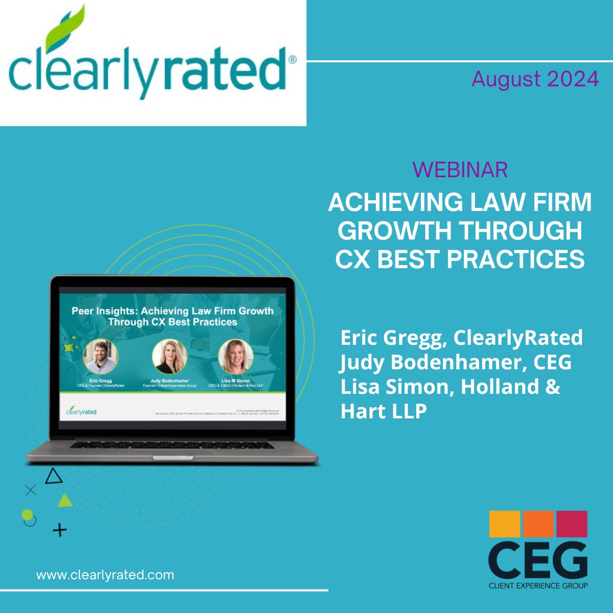 Picture of the ClearlyRated logo in the upper left corner with a picture of a open laptop in the left-center showing photos of the three guest speakers, overlaid on a turquoise color background.