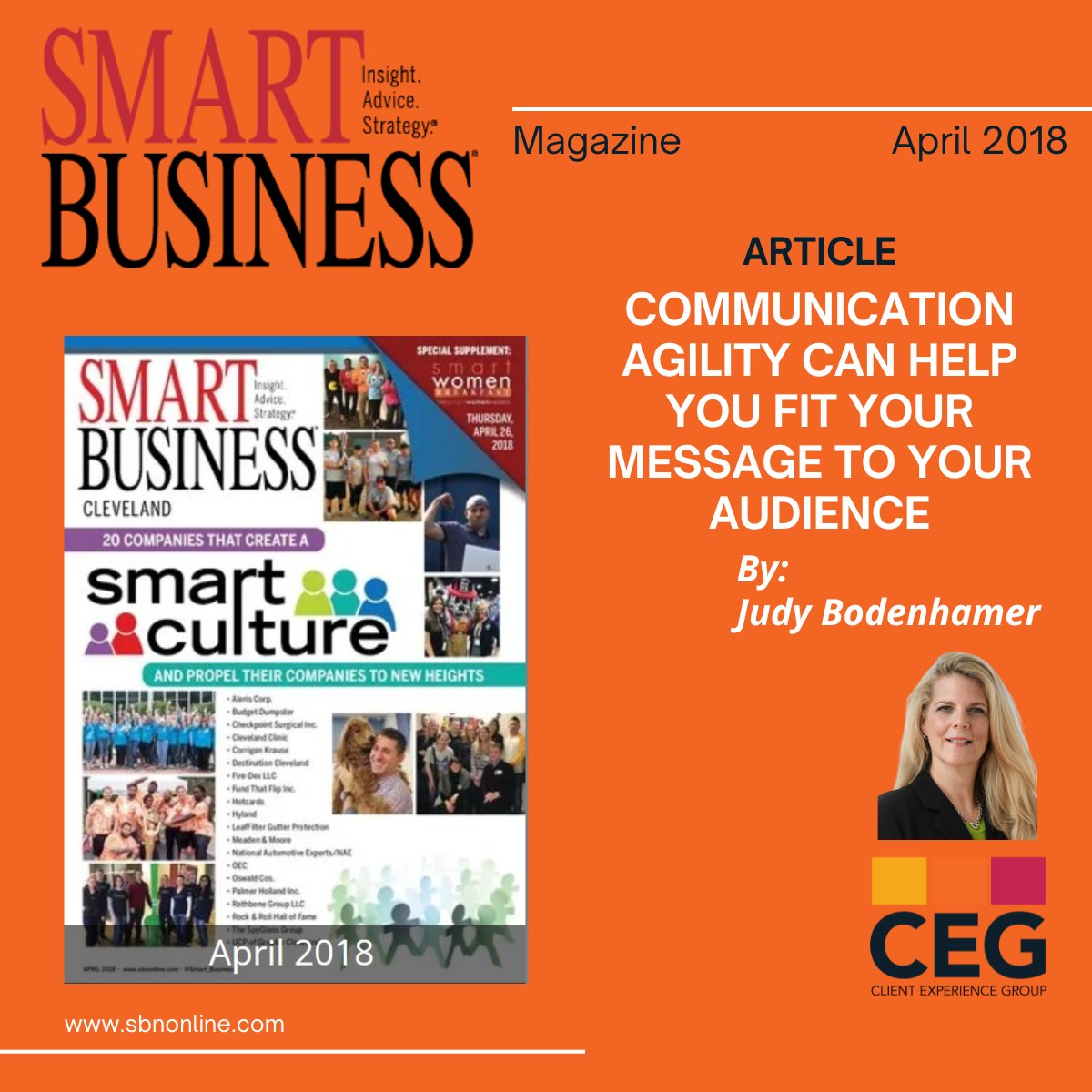 Cover picture of the Smart Business Magazine on the left overlaid on an orange background. On the bottom right corner is a picture of Judy Bodenhamer (author).