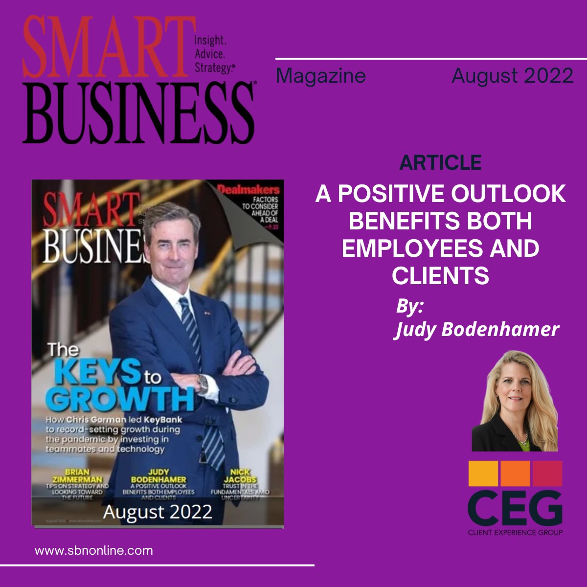 Cover picture of the Smart Business Magazine on the left overlaid on a dark purple background. On the bottom right corner is a picture of Judy Bodenhamer (author).