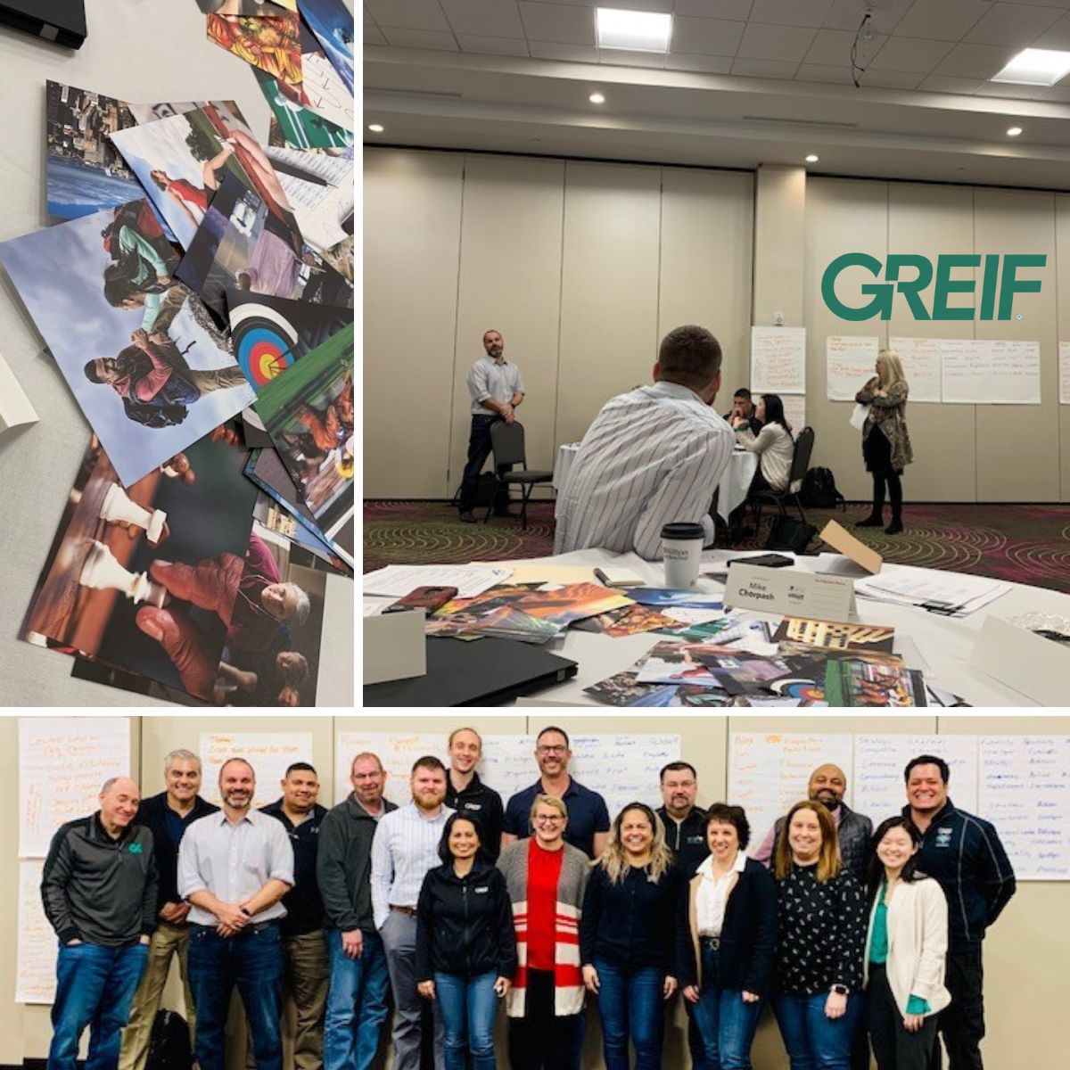 Collage of three pictures of attendees (including a group picture at the bottom) at the Greif National HR Conference Everything DiSC workshop facilitated by CEG.