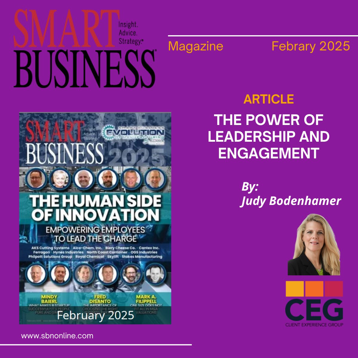 Smart Business Magazine February 2025 cover with 12 people headshots and the title: The Human Side of Innovation.