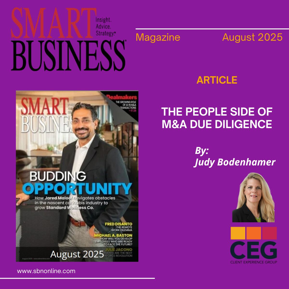Cover picture Smart Business Magazine on the left overlaid on a purple background. On the bottom right corner is a picture of Judy Bodenhamer (author).